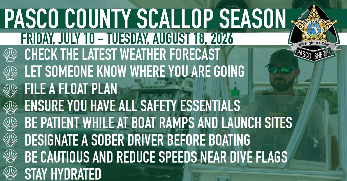 PascoSheriff's tweet photo. Scalloping season is open in Pasco County, and the Pasco Sheriff's Office encourages everyone to review the following tips to help keep our waterways safe. We also ask citizens to please follow fishing advisories, boating regulations, and guidelines. For more information, visit https://t.co/AjMEkNtCtg.