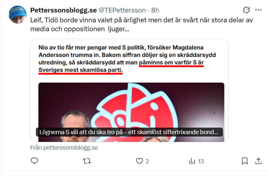 DavidJansson76's tweet photo. Eller hur?! Tidö har ju varit så ärliga! #PetterssonsBlogg är ju en stolle från SD! Klart han påstår att media och oppositionen ljuger. Men är man SD är man immun mot sanning och fakta och litar på #Riks, #SamNytt och annan #högerpopulistisk #blaska som sprider #desinformation!! https://t.co/dgEHE4Akvk