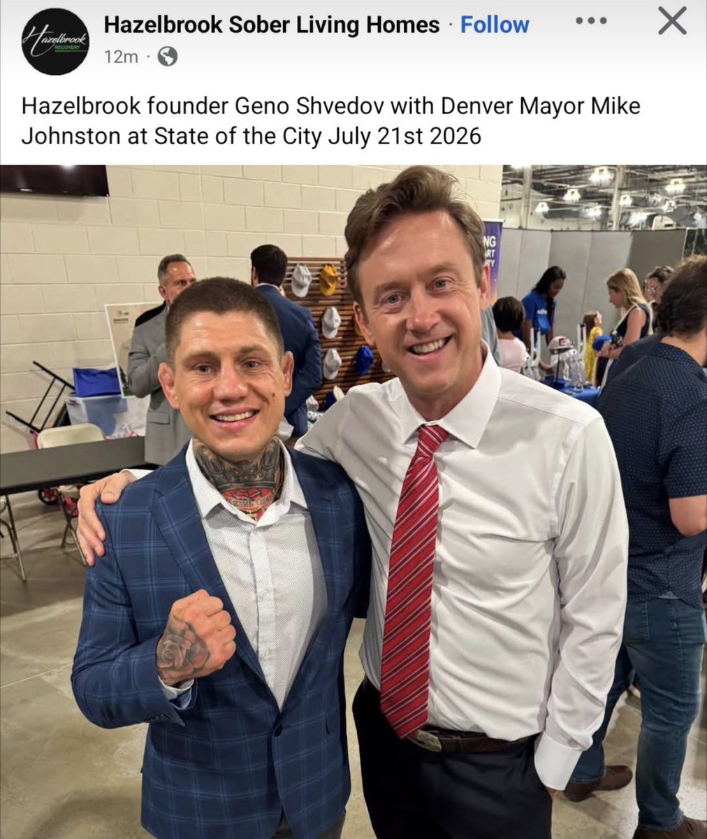 dobetterdnvr's tweet photo. Oh look… Denver Mayor Meth Camp Mike is cozying up with Geno Shvedov, founder of Hazelbrook Sober Living / ParadigmONE.

This is the same Geno with a lengthy criminal history (assaults, drug dealing, prison violations) whose org has grabbed over $2.7 million in Caring for Denver taxpayer grants for “mental health” and sober living programs. But, they don’t require the program participants to be clean from drugs. Doesn’t that defeat the purpose of “sober” living. 

Months after the cash started flowing, his company bought a nearly $1 million home in a nice Denver neighborhood… for Geno and his wife to live in. Not for the people in the program.

The nonprofit he runs claims he works full-time but reports basically zero compensation on tax forms while money flows between family companies, for-profits, and even a Belize shell entity. 🤯

This is the kind of NGO fraud and wasted taxpayer money that’s flooding Denver while nothing gets better.