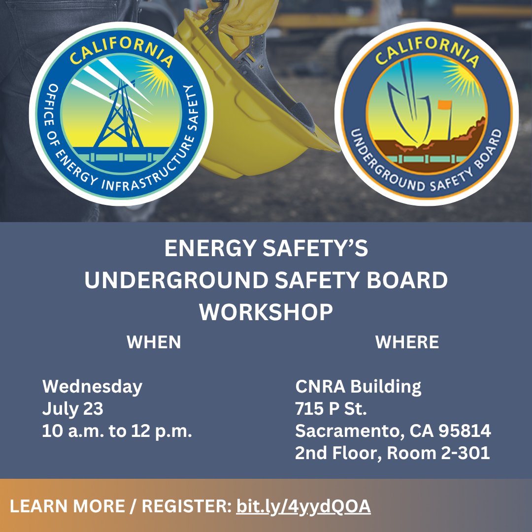 CaEnergySafety's tweet photo. Join us today, (7/23) for a workshop (virtually or in-person) to give your feedback to Energy Safety’s Underground Safety Board for ongoing education outreach efforts around public safety issues &amp; “Calling 811 Before You Dig!”

See you there!

Learn more: https://t.co/6kanPurakI https://t.co/YkBJzguN9p