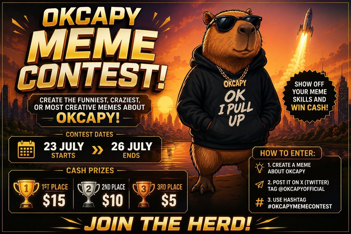 OKCAPYCOIN's tweet photo. 🏆 OKCAPY MEME CONTEST 🏆

Show us where Capy pulls up next. Win actual prizes.

🥇 $15  🥈 $10  🥉 $5

“Capy pulls up to ___”

Create an original meme about where Capy pulls up next and be active in our communities. You have full freedom.

HOW TO ENTER:
1. Make an OKCAPY meme
2. Post it and tag @OKCAPYCOIN
3. Use #CAPYPULLSUP

Funny beats polished. Weird beats safe. Capy energy beats everything.

Runs 23–26 July.

Join the community:
https://t.co/zGYK8u3ioo

Let's see what the herd's got. 🐾

OK I PULL UP. 🫡
