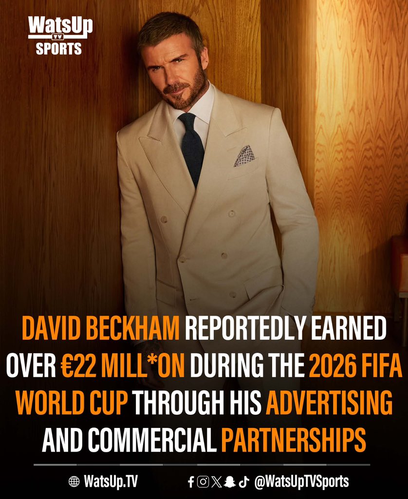 WatsUpTV's tweet photo. 🚨  David Beckham Reportedly Earned Over €22 Million During the 2026 FIFA World Cup.

Football icon David Beckham reportedly earned more than €22 million through his advertising and commercial partnerships during the 2026 FIFA World Cup. 

The former England captain remained one of the tournament’s most marketable figures, featuring in several high-profile global campaigns and brand activations throughout football’s biggest event. 

📸: beckham 

#WatsUpTV #DatsWatsUp #FIFAWorldCup #WorldCup2026