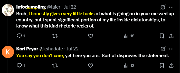 laier's tweet photo. @kshadofe @rightsidefreee @mattvanswol or, that i have other priorities in my life, than spend my time arguing with some rando's on twitter.
but let's go back a bit a cheek who said what. 
I said, "i give very little fucks". You read it as "i don't care". See what i mean by "voices in your head"? https://t.co/1kb5dxrLIr