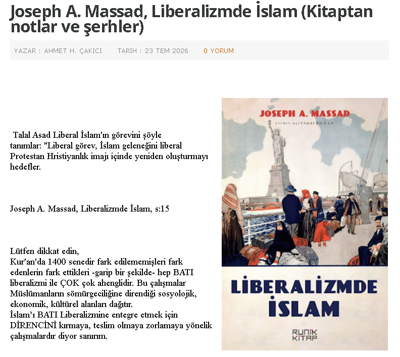 AhmetHakanakc1's tweet photo. ,,,
İslam'ın yapısal bir sorunu var: Sömürüye uygun değil, müntesibini KUL olmaya müsaade etmiyor.

Hâlbuki sömürgecilerin kullanabilecekleri, kanını, servetini, mülkelrini emebilecekleri, kendi uğurlarında savaştırabilecekleri ŞAHSİYETSİZ kölelere ihtiyacı var.

Müslümanları sömürülebilir kılmak, şahsiyetsiz kılmak için YENİ Bir İSLAM anlayışı üzerine 200 seneden fazla bir zamandır çalışıyoruz, diyor sanırım.

Joseph A. Massad'ın "Liberalizmde İslam" eserinden aldığımız notlar ve o notlara düştüğümüz şerhler  

https://t.co/NnuIkj1XRN