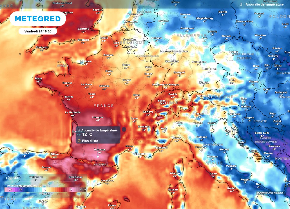 MeteoredFR's tweet photo. 🌡️ Les très fortes #chaleurs vont encore s'intensifier demain, vendredi, dans le Sud-Ouest, avant les premiers #orages, avec des pointes localement à 39 ou 40°C 🥵

Nos #previsions #meteo ici ⤵️
https://t.co/Gdg78OpZbS https://t.co/RvYOOenVji