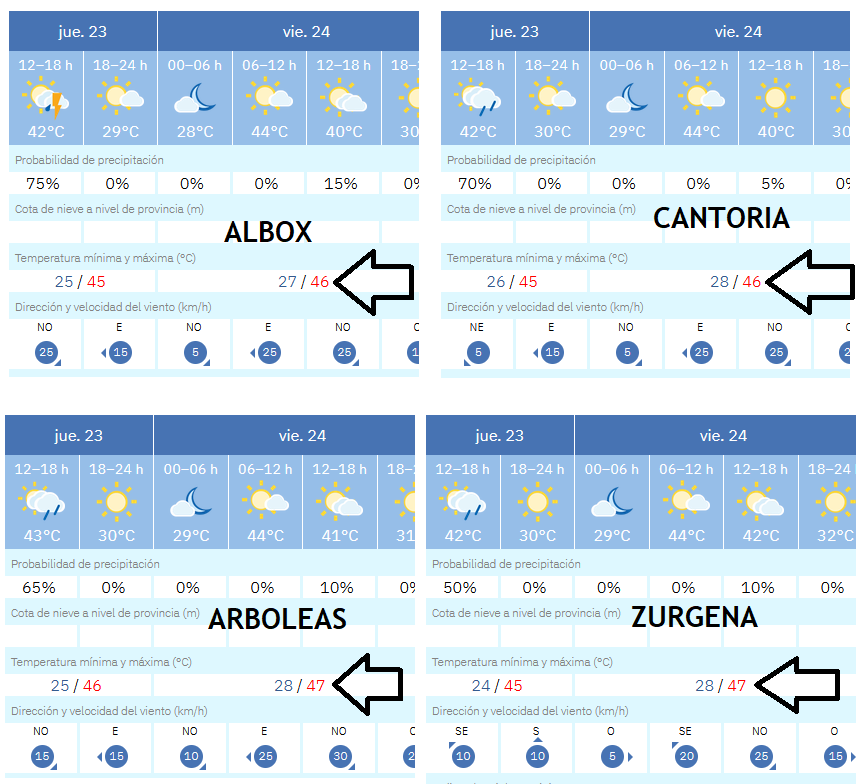 Vigorro's tweet photo. Mañana V 24 solo hay una zona en aviso rojo de Aemet, y es el norte de #Almeria... el aviso es por 44º, pero el automatico, que es un guason, aprieta el tema a 46/47 en el valle medio del #Almanzora...

#OlaDeCalor #ponentada #ValleDelAlmanzora #Cantoria #Albox #Arboleas #Zurgena https://t.co/CULzvfqssu
