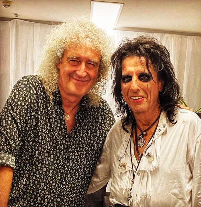 crockpics's tweet photo. Sir Brian May and Alice Cooper backstage at the Fire Fight Australia benefit concert in Sydney, February 16, 2020. They stepped up to perform at the historic Fire Fight Australia benefit concert, helping raise millions for bushfire relief and national recovery efforts. Queen + Adam Lambert famously recreated their legendary 1985 Live Aid setlist that night