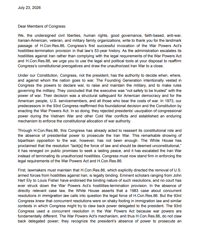justfp's tweet photo. NEW: Dozens of groups urge Congress to "use the legal and political tools" to defend the historic Iran War Powers Resolution

@JustFP was proud to co-lead with @DemandProgress @BrennanCenter 

Great to see @RepGregoryMeeks moving forward with efforts to take White House to court https://t.co/gmppLyjUrC