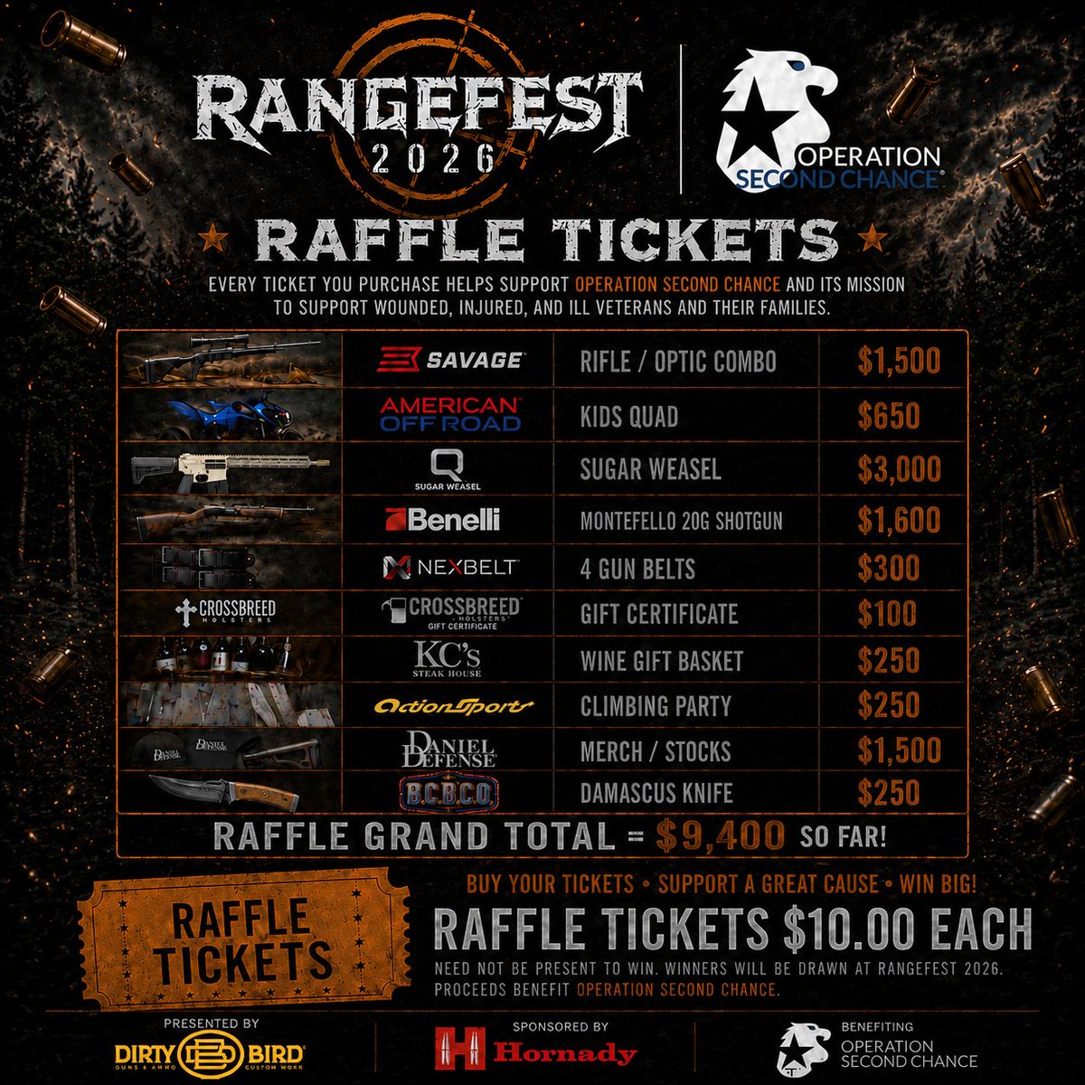 RangeFest's tweet photo. 🎟️ Win big while supporting Operation Second Chance!

RangeFest 2026 raffle tickets are $10 each, with more than $9,400 in prizes up for grabs. You do not have to be present to win.

Winners drawn Sept. 19 at RangeFest 2026.

Get yours: https://t.co/heTS2vk13G https://t.co/8qQQMG6BdO