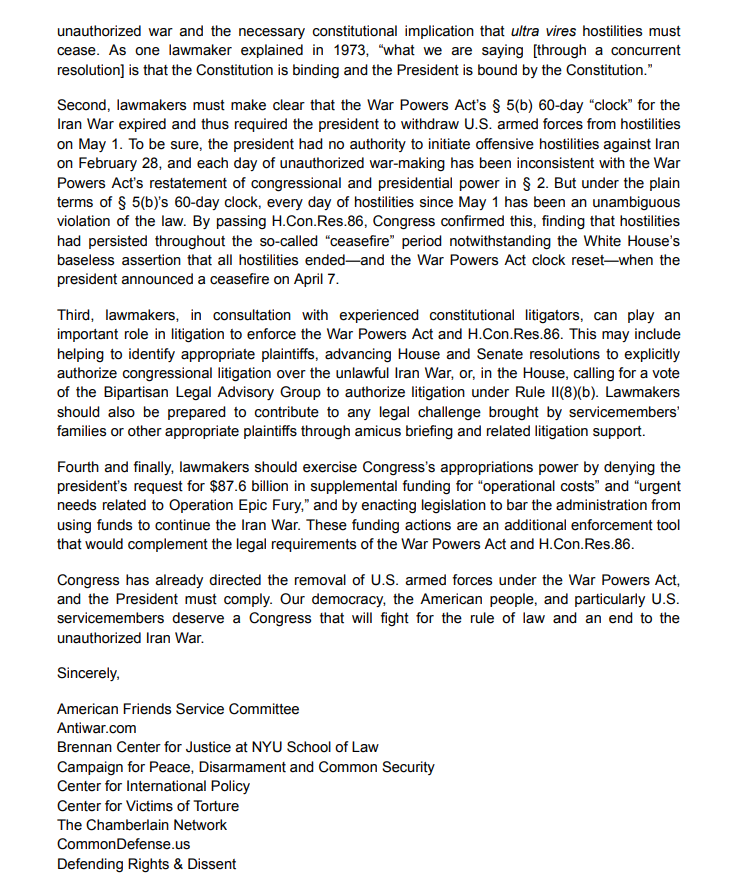 justfp's tweet photo. NEW: Dozens of groups urge Congress to "use the legal and political tools" to defend the historic Iran War Powers Resolution

@JustFP was proud to co-lead with @DemandProgress @BrennanCenter 

Great to see @RepGregoryMeeks moving forward with efforts to take White House to court https://t.co/gmppLyjUrC