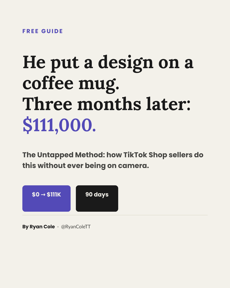 RyanColeTTok's tweet photo. $60,000 per week. Built slower than almost everyone I've watched.
Sustained $100,000 months. Simple giftable products.
No agency. No team. No ad budget at launch.

A TikTok Shop seller I've been tracking. Here's what the slower build actually looked like.

Most people assume the fast starters are the ones who last.
This one built methodically. One product at a time. One affiliate relationship at a time.

Here's the structure he used:

1. Saturation check before anything else
Not "what looks viral?" but "what has proven demand and low creator count?"
Over 1,000 creators already promoting a product? Skip it.
Under 100 creators with steady sales? That's the entry point.
Running this filter meant he never competed on a crowded shelf.

2. Content in-house first
Before any affiliate touched the product, he posted daily himself.
7-second videos. Simple demonstrations.
Not because the videos would go viral.
Because TikTok watches whether you believe in your own product before it pushes it anywhere.

3. Affiliate outreach after organic traction proved out
Once the data showed people were buying, he started recruiting creators.
DM by DM. Sending samples before asking for anything.
He built a roster of creators who already believed in the product.

4. No paid scaling until the foundation held
No ads. No campaigns. Nothing that cost money before the organic model worked.
When the system was converting, he amplified it.
Not before.

After running a transport business for years, I always thought the fast movers were the ones who won.
This case changed how I look at it.

The $60,000 weeks were the compounding of that flywheel.
Not a sprint. A system.

Comment PDF below, and I'll send it to you.
