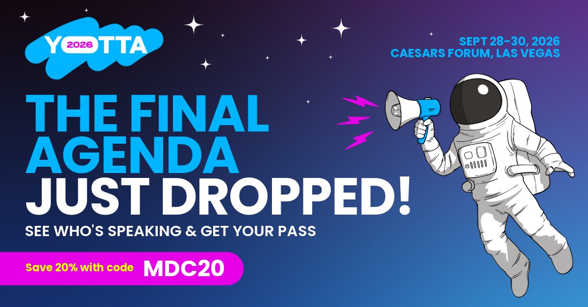 MrDataCenters's tweet photo. As a proud partner of #YOTTA2026, we're excited to share that the full conference agenda is now live!

This September 28–30 at Caesars Forum in Las Vegas, Yotta 2026 brings together more than 6,000 senior leaders, 250+ speakers, and 300+ partners at the intersection of AI, energy, and digital infrastructure.

The agenda covers everything from chips, compute, and data centers to power, capital, and space-based infrastructure, the full range of technologies and investments shaping where AI goes from here.

Yotta is where the industry's biggest conversations happen, whether you're building, financing, powering, or operating AI infrastructure. It's where the people making the most consequential decisions in this space will be in the same room for three days.

Use code MDC20 to save 20% on your pass.