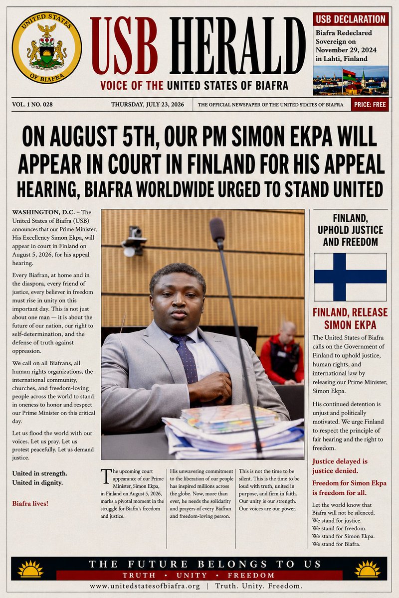 DrakeOfficial06's tweet photo. Breaking: On August 5, Prime Minister Simon Ekpa Set to Appear Before a Finnish Court as Biafrans Across the World Are Called Upon to Stand Together in Unity, Peace, and Solidarity During His Appeal Hearing. https://t.co/Y1R6huJegE