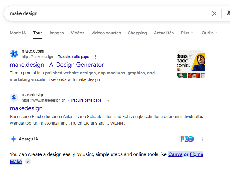 Fl0's tweet photo. @buildwithsid Just ranked #1 on Google in Switzerland for “make design” ahead of every local Swiss site and even above Google’s own AI Overview 🙌 https://t.co/RLYimOEbUF