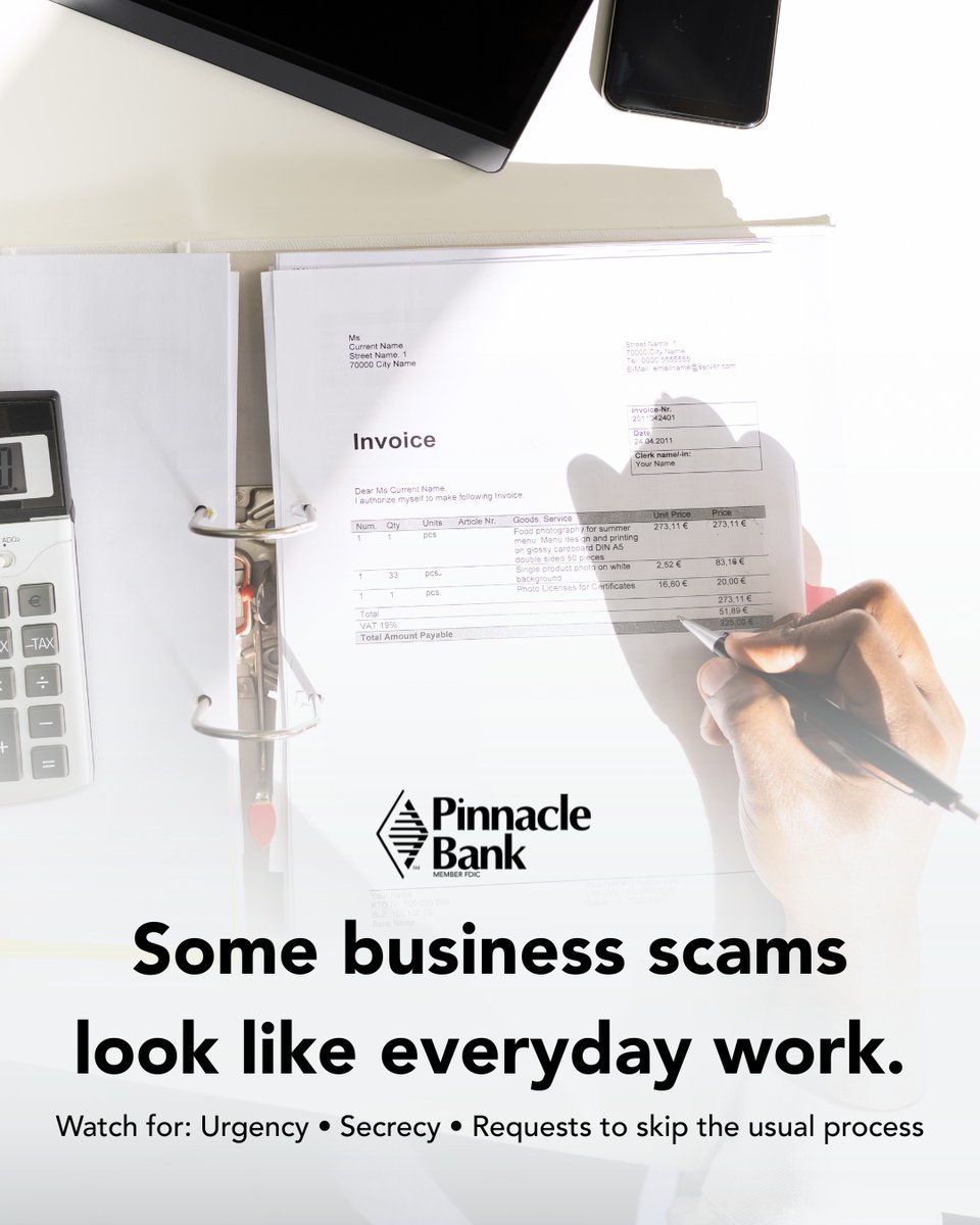 pinnbank's tweet photo. Business scams often blend into everyday work. Slow down when a request creates urgency, asks for secrecy, or skips the usual process. 

Learn the warning signs and how to protect your company: https://t.co/0Nee1fjmts 

#TheWayBankingShouldBe https://t.co/yoOBmRENIy