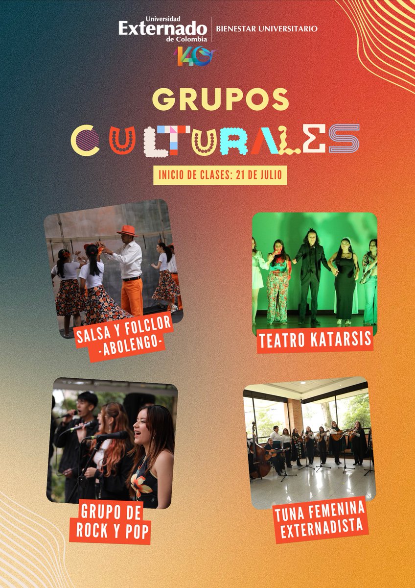 UExternado's tweet photo. ¡Este semestre hay una actividad para cada talento! 💚🎭

Estas son solo algunas de las actividades disponibles. Consulta el horario completo y acércate a los espacios. 👉 https://t.co/bjs40IGzGK

🎸 Grupo de Rock y Pop: martes, de 4:00 p. m. a 6:00 p. m. y jueves, de 6:00 p. m. a 8:00 p. m.
🎭 Teatro Katarsis: martes y jueves, de 4:00 p. m. a 6:00 p. m.
💃 Danza Contemporánea: martes, de 4:00 p. m. a 6:00 p. m. y jueves, de 2:00 p. m. a 4:00 p. m.
