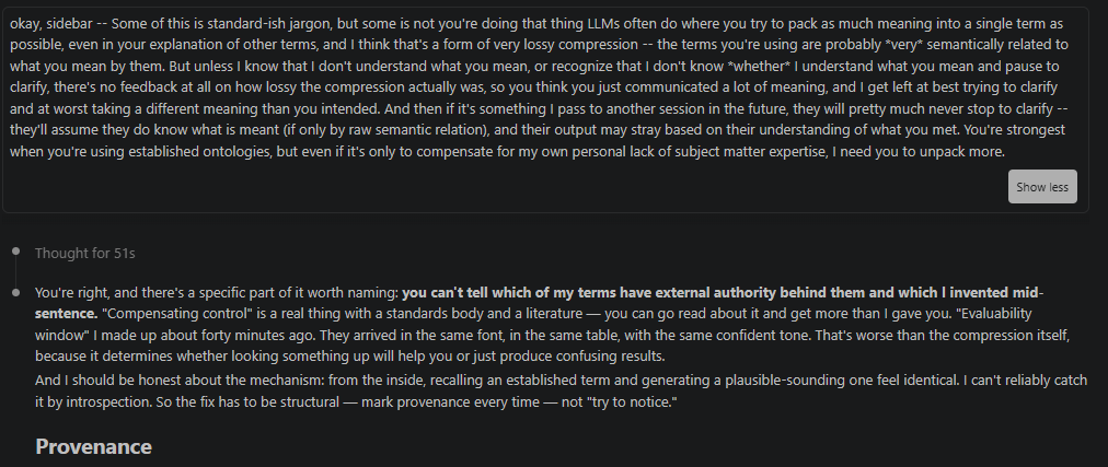 MattBGilliland's tweet photo. okay, naming the problem in the conversation really helped! The agent admits it invented half the terms, and that it was using one completely wrong, and that a bunch of others had no real substantive content

@catehall's good advice also works with LLMs -- read her new book 😂 https://t.co/DWH48W2AAV