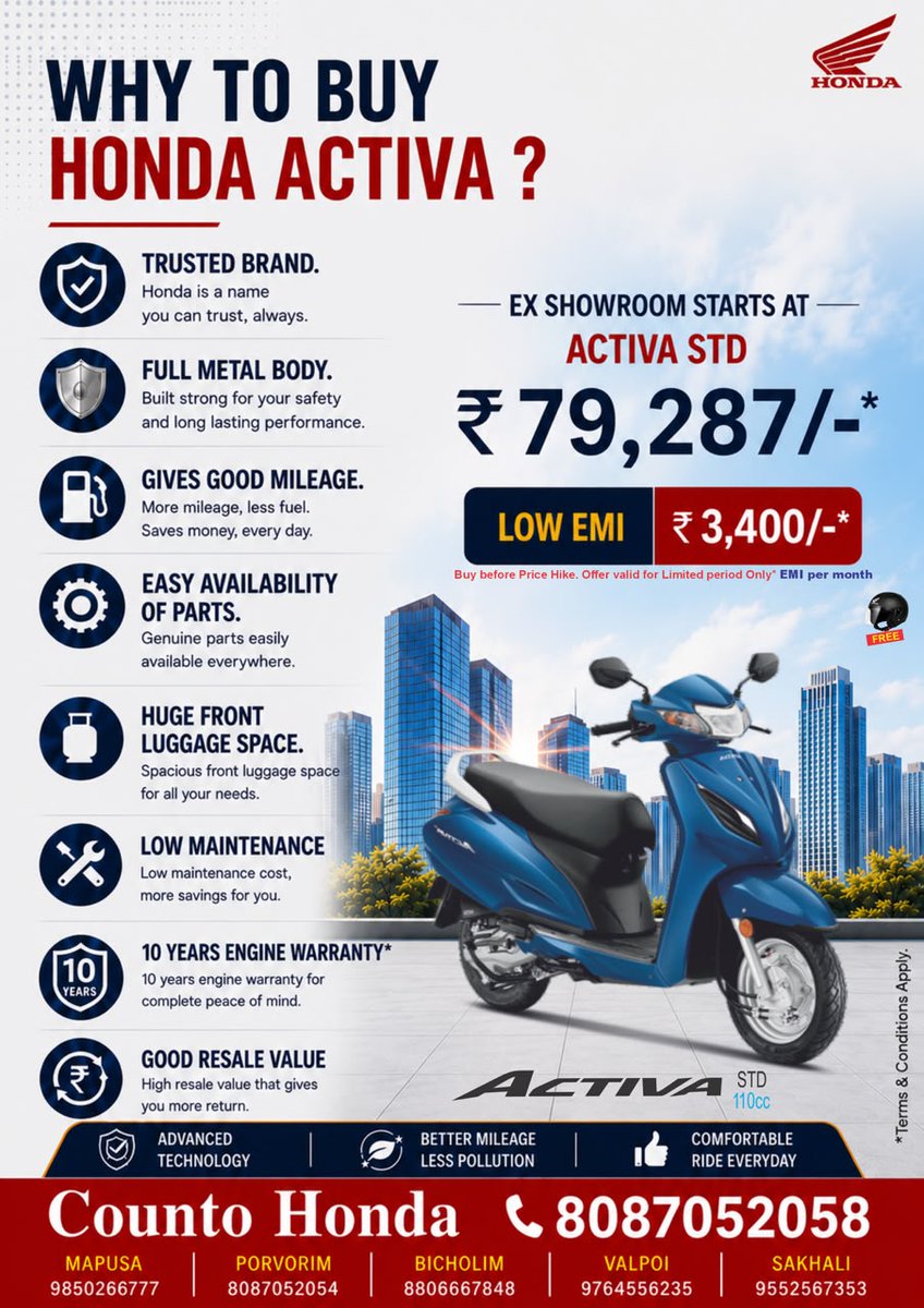 goanewshub's tweet photo. 🛵 Ride Home Your New Honda Activa Today!

Experience the perfect combination of performance, reliability, comfort, and fuel efficiency with the Honda Activa STD 110cc.

✨ Ex-showroom price starts at just ₹79,287*
💰 Easy EMI from ₹3,400/month*
🎁 Free Helmet (Limited Period Offer)

Why Choose Honda Activa?
✔️ Trusted Honda Quality
✔️ Full Metal Body
✔️ Excellent Mileage
✔️ Low Maintenance
✔️ Spacious Front Storage
✔️ 10-Year Engine Warranty*
✔️ High Resale Value

📍 Visit Your Nearest Counto Honda Showroom
* Mapusa – 9850266777
* Porvorim – 8087052054
* Bicholim – 8806667848
* Valpoi – 9764556235
* Sankhali – 9552567353

📞 For Enquiries: 8087052058

Hurry! Offer valid for a limited period. Terms & Conditions Apply.