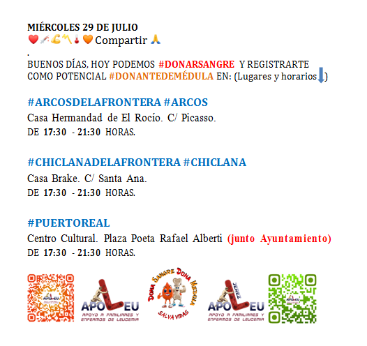 ApoLeuJerez's tweet photo. MIÉR. 29 JULIO PUEDE #DONARSANGRE Y REGISTRARSE COMO #DONANTEDEMÉDULA
@ApoLeu EN ❤️💉💪〽️🌡🧡RT🙏

#PUERTOREAL
@villapuertoreal @HosPuertoReal @alvaritomorilla @BiblioUCA @PuertoRealHoy @Puertorealweb @NavantiaOficial @univcadiz

#DONASANGRE #DONAMÉDULA #SALVAVIDAS #REGALALATIDOS https://t.co/ivoSgpbBvK