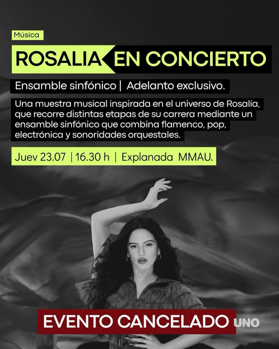 diariouno's tweet photo. 👉SUSPENDIERON LA FECHA EN MEDIO DEL ESCÁNDALO

- Rosalía sigue recibiendo malas noticias desde Argentina, a pocos días de sus presentaciones en el Movistar Arena de Buenos Aires. Tras compartir un posteo anti-Argentina en Instagram, la cantante sufrió la furia de sus fanáticos, y ahora se enteró de la cancelación de un tributo que le iban a hacer en Córdoba.

- El homenaje consistía en un repaso de su obra en formato sinfónico, y se iba a realizar durante la noche de este jueves en el Museo Metropolitano de Arte Urbano (MMAU) de esa provincia. Pero, atentos a la coyuntura actual, los organizadores debieron suspender el evento, y dieron sus razones.