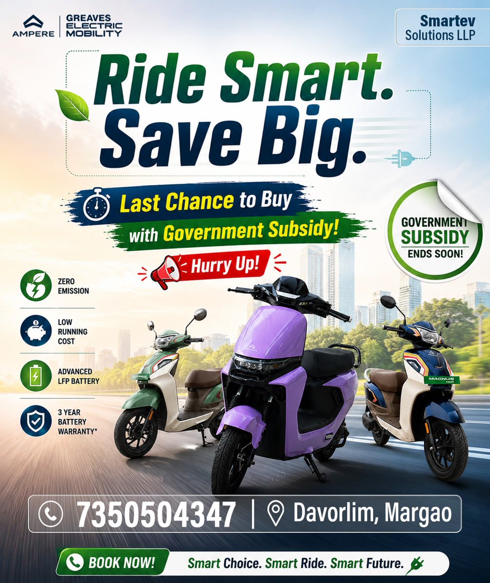 goanewshub's tweet photo. #Advertisement #Ampere

⚡️Say goodbye to high petrol costs and hello to the future of riding!
✨ Effortless. Eco-friendly. Everyday riding reinvented.

Built to last with safe LFP battery technology, unbelievable running costs and premium service support right here in Goa.

Key Highlights across our range:
🔋 High-performance, long-lasting LFP Batteries
🛡️ Up to 5 Years Battery Warranty
📦 Massive boot space & premium comfort
🛠️ Authorized Sales, Service, & Genuine Spares

Take a Test Ride Today!
📍 Location: Smartev Solutions LLP, Davorlim, Margao (Opp. Mosque)
📞 Call/WhatsApp: +91 7350504347

#GoElectric #Ampere #MagnusNeo #ElectricScooter #GoaRide #AmpereEV #SmartevSolutions #GoaEV #ElectricScooter #GoaDiaries #Margao #MagnusGMax #ReoVyb #AmpereNexus #EcoFriendlyRiding #CleanGreenGoa #ElectricVehicle