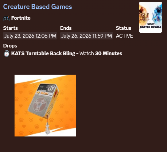 FireMonkey's tweet photo. New FREE Back Bling:

Creature Based Games
Ends July 26, 2026 @ 11:59 PM ET
Drops
⏱️ KATS Turntable Back Bling - Watch 30 Minutes https://t.co/w88QLNoThF