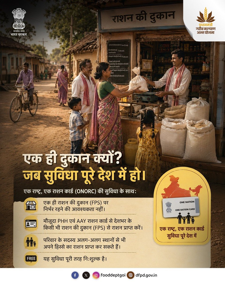 fooddeptgoi's tweet photo. राशन का अधिकार किसी एक राशन की दुकान (FPS) तक सीमित नहीं। एक राष्ट्र, एक राशन कार्ड (ONORC) के माध्यम से पात्र लाभार्थी देश में किसी भी राशन की दुकान (FPS) से अपने हिस्से का राशन प्राप्त कर सकते हैं। 

#ONORC #DFPD https://t.co/KJHS1nGuqB