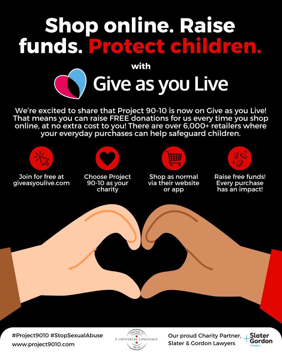 Project9010's tweet photo. Shop online. Raise free funds. Protect children. 🛒🤭

We’re excited to share that Project 90-10 is now on Give as you Live! 🎉

That means you can raise FREE donations for us every time you shop online, at no extra cost to you! From your weekly groceries to travel bookings..

1/ https://t.co/7mS2e6UxN7