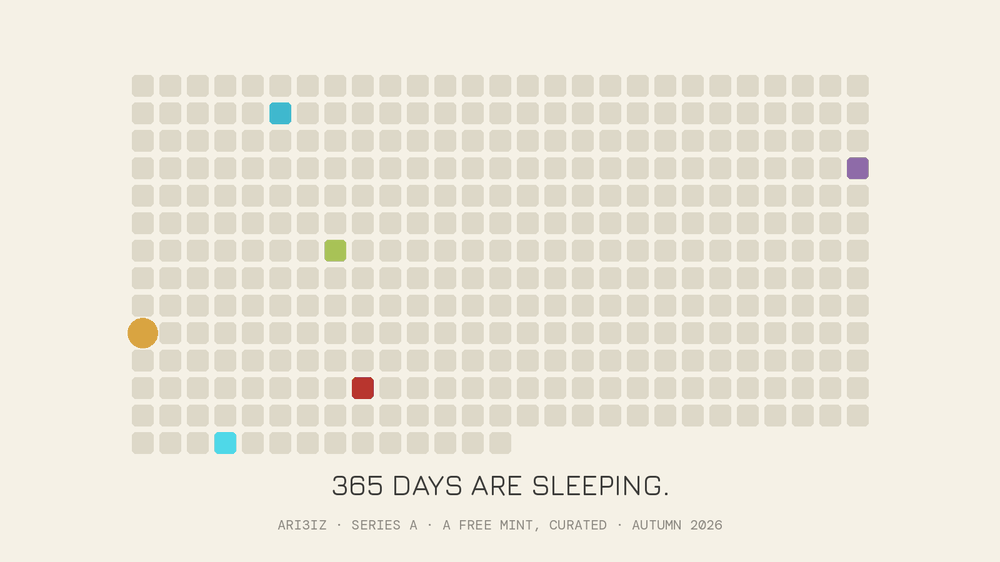 Ari3izSeries's tweet photo. 365 sleeping days, five leaking colour. The sun sits on day 244 — a hint, not a promise; the mint date locks after the vibe review https://t.co/Z3ww5wgwxf