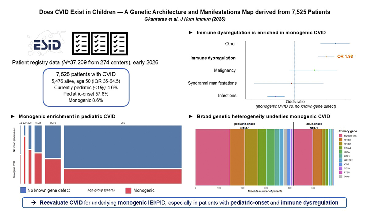 jhumimmunity's tweet photo. Does CVID exist in children? @ESIDsociety registry analysis of 7,525 CVID patients shows age-dependent enrichment of monogenic #IEI in pediatric and early-onset CVID-like disease, supporting genetic testing and longitudinal reassessment. https://t.co/vQx6JWcBOg https://t.co/ZHjDONx4JM