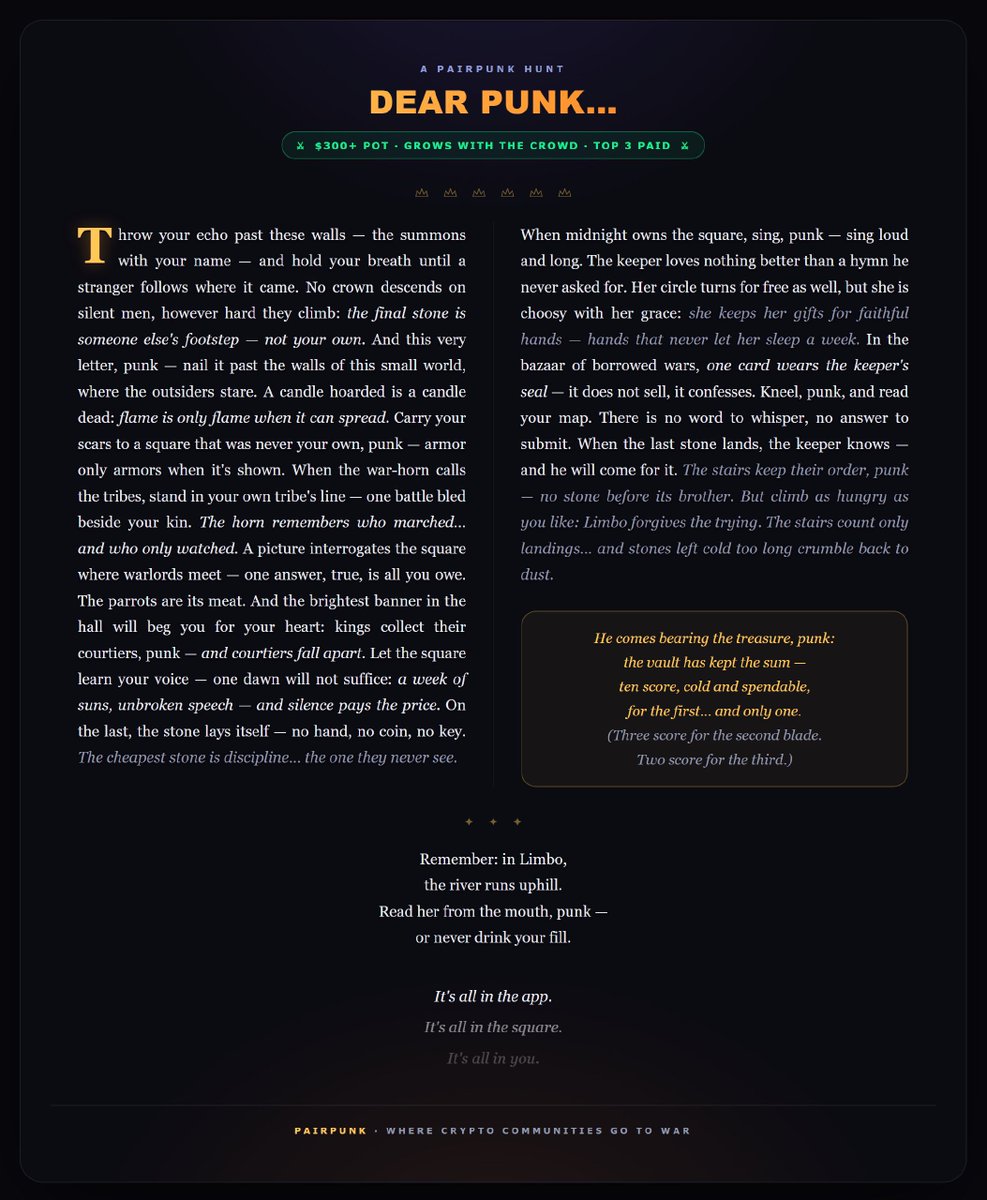 Joe_Klassy's tweet photo. 🕯 Dear Punk… a letter worth $300 appeared in PairPunk — and the vault grows with the crowd.
Read it — if you dare to climb.

Join the Hunt:

https://t.co/pfx1YXrNSi

@PairPunk https://t.co/wsQEYMoLqB