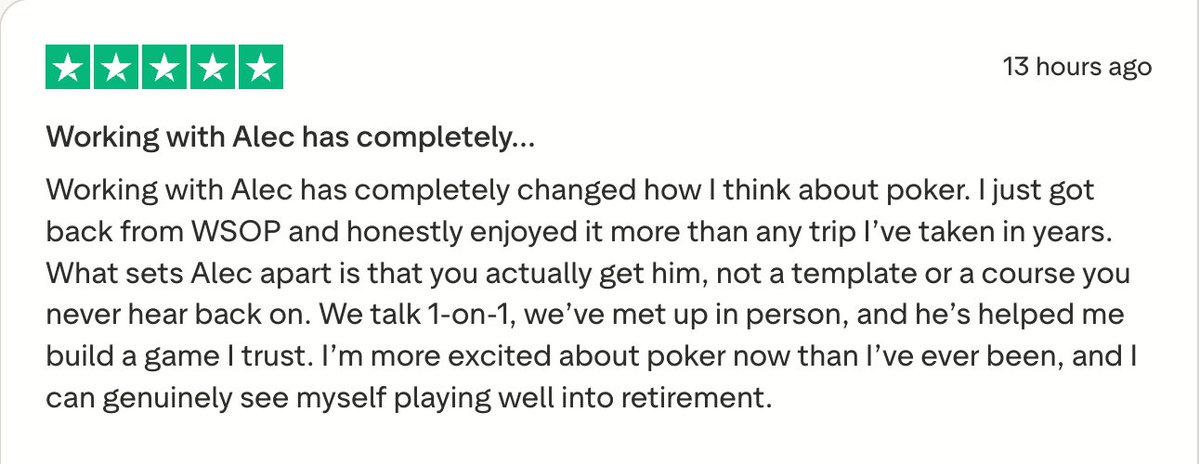 ConsciousPoker's tweet photo. Reviews like this are so meaningful.

I love connecting with and helping others on their poker journey.

I believe poker can help us think clearer and make better decisions both on and off the felt.

I'll continue playing and coaching as long as I can! 

Much love all. 
- A https://t.co/EkbjcCqpvd