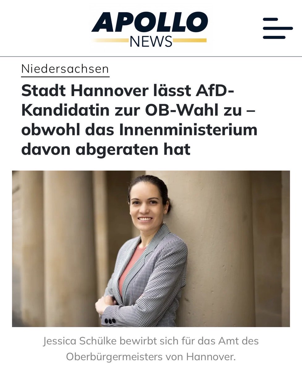 Ansgar_Schledde's tweet photo. Der zuständige Wahlausschuss in #Hannover hat die #AfD-Oberbürgermeisterkandidatin Jessica @j_schuelke_afd zugelassen. Damit ist der Weg frei für eine echte Alternative bei der Kommunalwahl. Ich kritisierte die gegenteilige Empfehlung des Innenministeriums und fordere Konsequenzen:
 
Der Kreiswahlleiter hatte die Zulassung trotz einer ablehnenden Empfehlung aus dem niedersächsischen Innenministerium klar befürwortet. Diese Entscheidung verdient Respekt.
 
Während andernorts in Niedersachsen unter dem Vorwand der „wehrhaften Demokratie“ versucht wird, AfD-Bewerber systematisch von den Wahlzetteln zu verdrängen, zeigt Hannover, was Demokratie wirklich bedeutet: kritische Stimmen dürfen antreten, die Bürger werden nicht entmündigt.
 
Die negative Stellungnahme aus dem Haus von Innenministerin ist kein Verwaltungsvorgang, sondern ein gezielter Angriff auf uns. Wer legitim aufgestellte Kandidaten behindert, hat in einem demokratischen Amt nichts zu suchen. Ich fordere daher den sofortigen Rücktritt von Innenministerin Behrens.