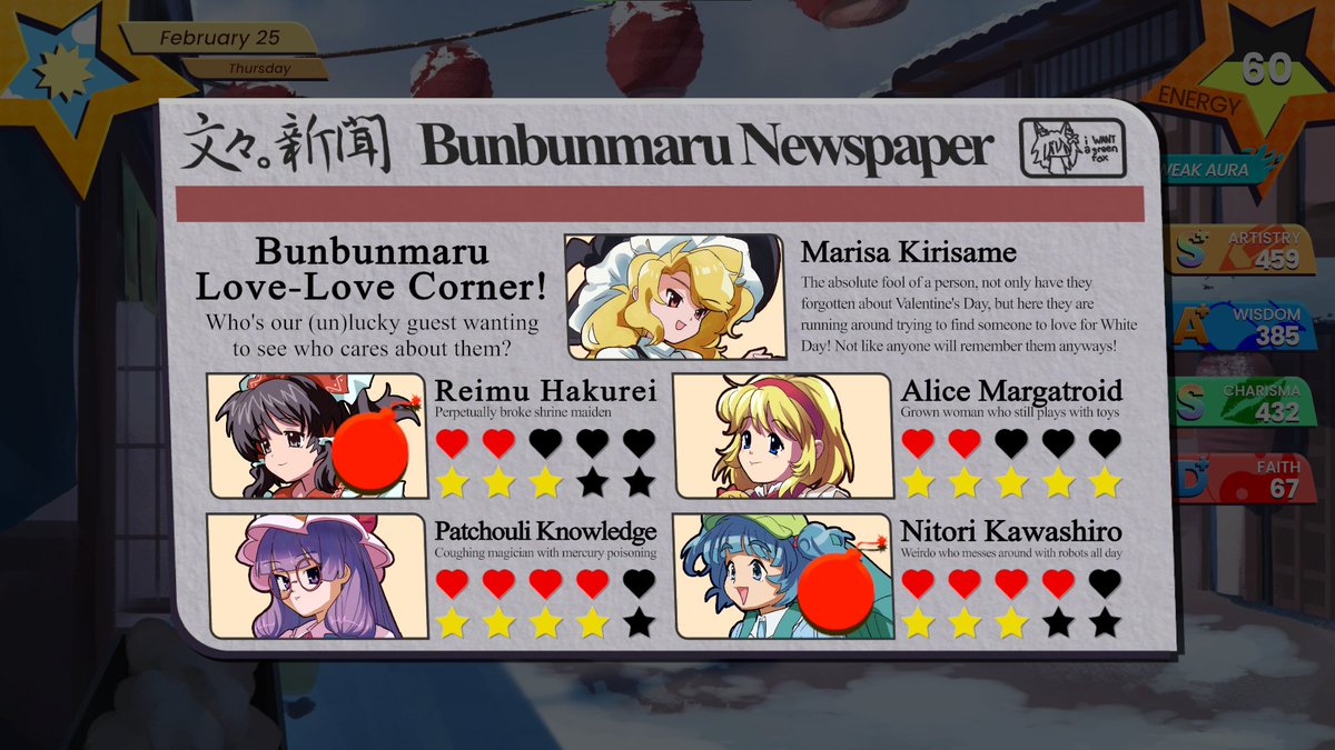 Nickireda's tweet photo. Really excited to announce a new game release! It was an absolute blast to work on this, and I hope you enjoy playing!!!

Help Marisa win the hearts of her friends for white day in Love-Colored Memories, a stat-raising dating sim made for Touhou Pride Game Jam 8 on @itchio! https://t.co/D4lTi1pYXt