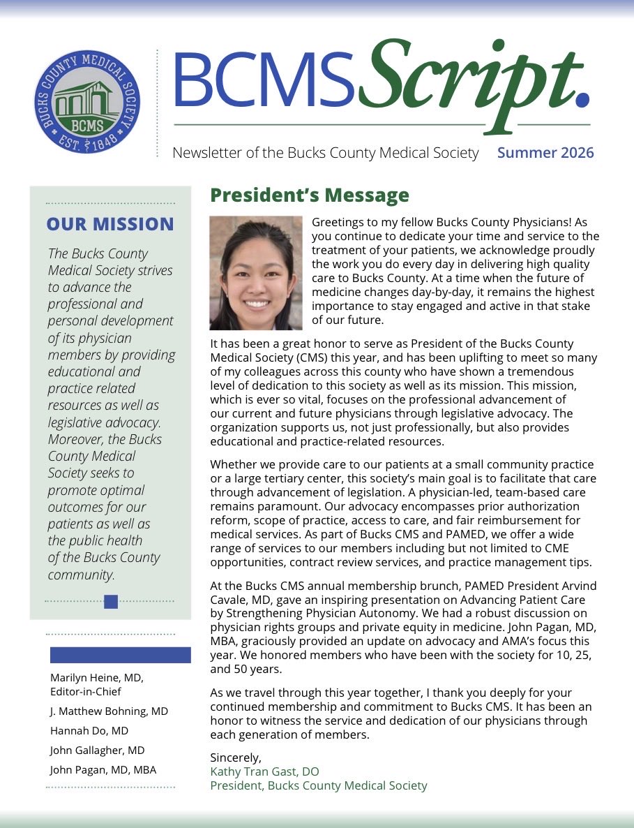 MarilynHeineMD's tweet photo. As Bucks CMS Editor-in-Chief, I thank colleagues:

President’s Message &amp; Cutting Edge Issues in Critical Care: Dr. Tran Gast

Caring for Communities Near &amp; Far: Q/A w/Dr. Kansupada

Making Your Voice Heard on Social Media: Q/A w/Mark Pappadakis, DO

👓 https://t.co/kwyGwP9bfe https://t.co/BLBiLyUqBn