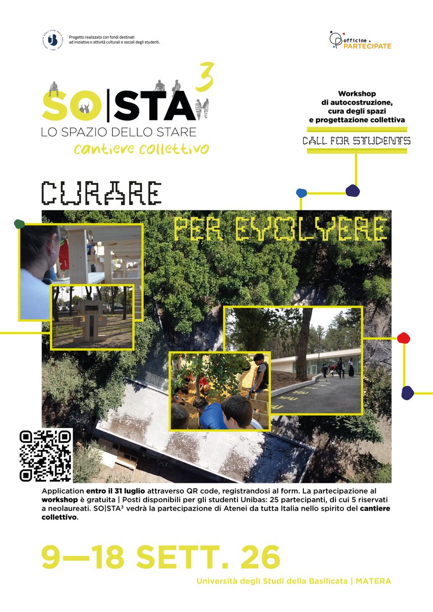 Unibas_Official's tweet photo. 🌱 Dal 9 al 18 settembre, al Campus Unibas di Matera, torna SO|STA3: workshop di co-progettazione e autocostruzione degli spazi universitari.
Call per 20 studenti e 5 neolaureati Unibas, entro il 31 luglio:
https://t.co/33PS9nr9HZ

#Unibas https://t.co/zQ04VmVVr3