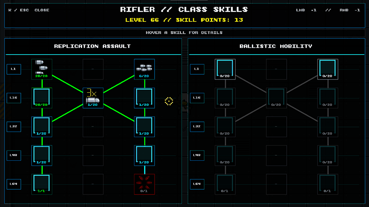4TinsStudios's tweet photo. Working on the class system in PROTOCOL VOID:

- Hacker: stacks Bandwidth and spends it to use skills
- Rifler: uses ammo, stacks with attack speed, while ammo generation instead of reloading enables different builds
- Tank: stacks Fortification to empower skills and gain buffs
- Mage: a classic mana based spellcaster

Example of rifler skill tree (Icons are place holders)