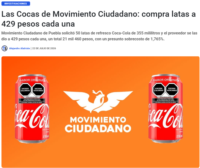 emeequis's tweet photo. 🔴 La "nueva política" con los viejos vicios de sobrefacturación: Movimiento Ciudadano en Puebla pagó más de 429 pesos por una lata de refresco que cuesta 23 pesos, un sobreprecio del 1,765%, revela @emeequis. 🇲🇽💥🥤

https://t.co/YttjxBr6TO 
#MovimientoCiudadano #Puebla #Emeequis #CorrupciónElectoral #EscrutinioPúblico