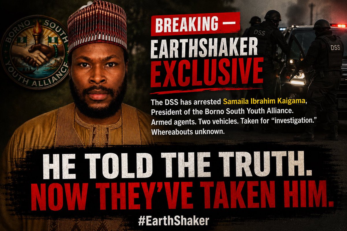 MikeArnoldTruth's tweet photo. Reliable sources tell me DSS has arrested Samaila Ibrahim Kaigama, President of the Borno South Youth Alliance. Armed agents. Two vehicles. Taken for “investigation.” Whereabouts unknown.

You need to know who this is.

Kaigama is the man who brokered the terms of the Ngoshe “rescue” — and proved it was no rescue. The Nigerian government paid more than $4 million in U.S. currency directly to Boko Haram. The captives had been held three kilometers from a military base the entire time. Kaigama has the terrorists on tape confirming it. I spoke with him directly and cited him by name before the U.S. Congress.

He didn’t pick up a gun. He told the truth.

The Sultan has called social media a terrorist organization. 

I have predicted the round-ups of witnesses would follow Trump’s declaration of victory.

They didn’t wait long.

Someone needs to find out where he is — right now.

#EarthShaker
#truthmutiny
