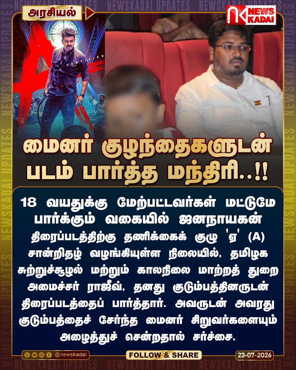 newskadai's tweet photo. மைனர் குழந்தைகளுடன் படம் பார்த்த மந்திரி
18 வயதுக்கு மேற்பட்டவர்கள் மட்டுமே பார்க்கும் வகையில் ஜனநாயகன் திரைப்படத்திற்கு தணிக்கைக் குழு (A) சான்றிதழ் வழங்கியுள்ள நிலையில்..
#TVKVijay #TVKparty #tvk #TNGovt #CPIM #cpi #VCK #MMK #CrimeNews #cjp #neetexam #panneet #ministerrajiv https://t.co/GnkMYE5uv6
