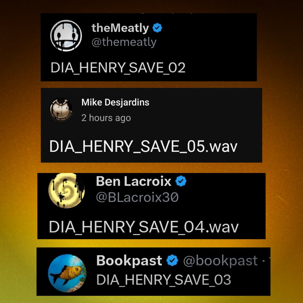 mascotmassacre's tweet photo. 🔏 Bendy The Cage news is likely imminent. Here are the Henry voicelines the developers have shared so far:

"Back to the old grind!"
"Punching in!"
"Better get overtime for this."
"Always on time." https://t.co/PXF9JW6Gah