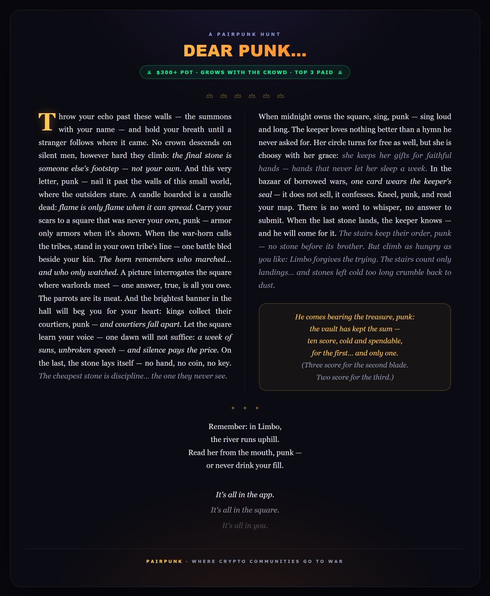 Joe_Klassy's tweet photo. 🕯 Dear Punk… $300 hides in this letter — and the pot grows with the crowd. PairPunk — where crypto communities go to war. https://t.co/M4tM8pgTh1