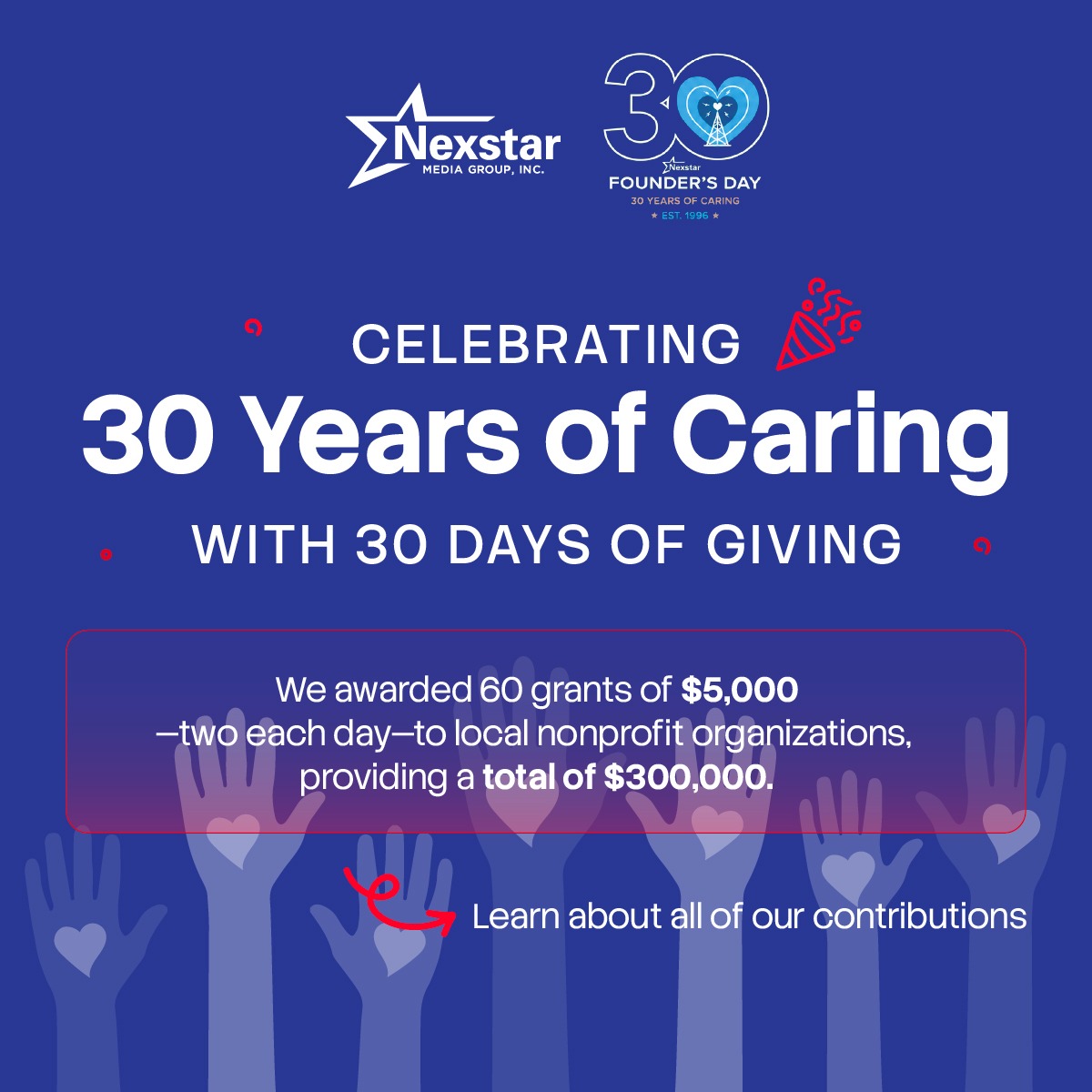 NXSTMediaGroup's tweet photo. Last month, Nexstar celebrated 30 Years of Caring with 30 Days of Giving – investing directly in the communities we serve.

We’re proud to have awarded 60 grants of $5,000—two each day—to charitable and non-profit organizations, providing a total of $300,000 to support the vital work these groups do to strengthen our communities.

Thank you to our nonprofit partners for your ongoing impact.