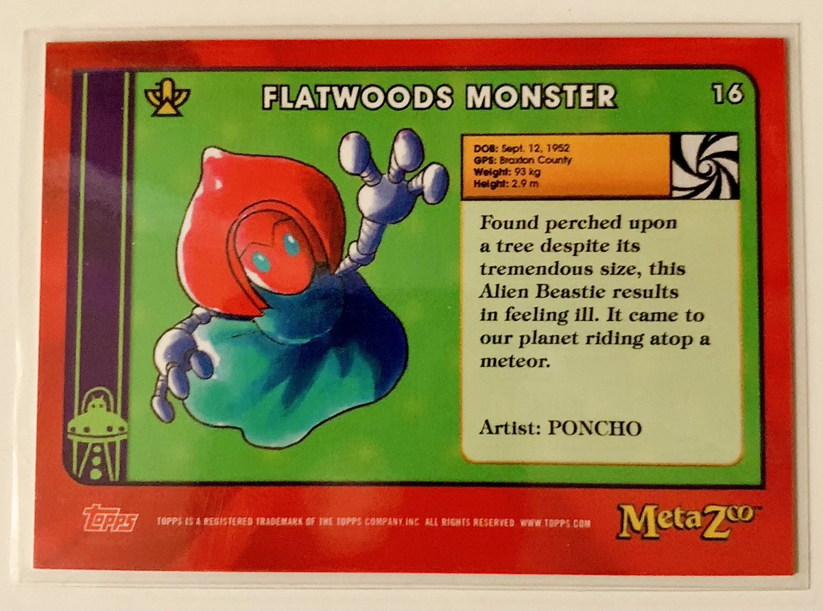 MHuntington7's tweet photo. This Topps MetaZoo “Flatwoods Monster” card (2021) has joined the library collection! 👁️🛸 #UFOs #UFOLibrary 📚🃏 #UFOArt https://t.co/NaCObGV9Xw