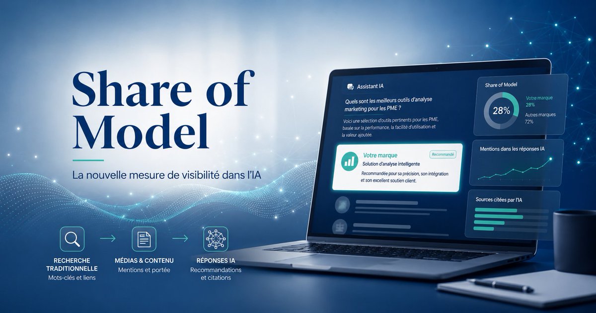 BolleComm's tweet photo. Votre entreprise apparaît-elle lorsque vos clients interrogent ChatGPT? Après le SEO et le GEO, un nouvel indicateur gagne en importance : le Share of Model. 
https://t.co/WPIztnH1jv https://t.co/mu4WypoRzh