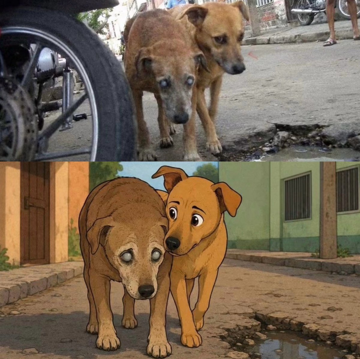 TheAdorablePups's tweet photo. A stray dog helped and protected another dog that had gone blind, showing unexpected kindness and loyalty https://t.co/b4CIZbxuE3