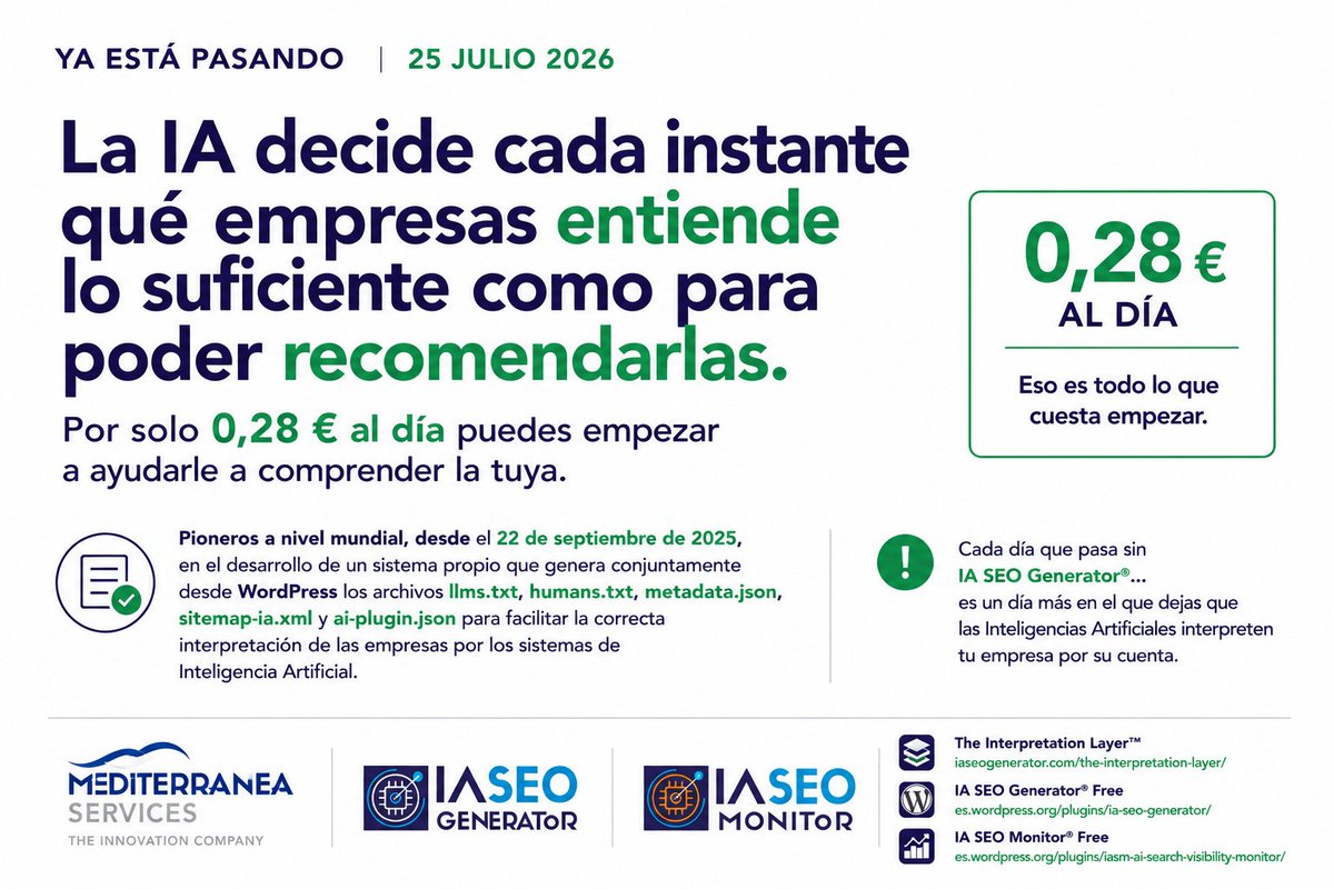 IASEOGenerator's tweet photo. YA ESTÁ PASANDO · 25 JULIO 2026

¿Quieres aparecer en las respuestas de las Inteligencias Artificiales?

Empieza por el primer paso.

Haz que puedan entender tu empresa.

IA SEO Generator® prepara la información de tu empresa para facilitar su interpretación por los sistemas de IA.

Desde 0,28 €/día.

🚀 Premium
 https://t.co/8CYDL4vsix

🆓 Free
 https://t.co/ACI7Rzn2K4

📊 IA SEO Monitor® Free
 https://t.co/gQMcMiU58H

#IASEOGenerator #AISEO #AIVisibility #AISearch #LLMs #ChatGPT #Gemini #Claude #Perplexity #Copilot #WordPress