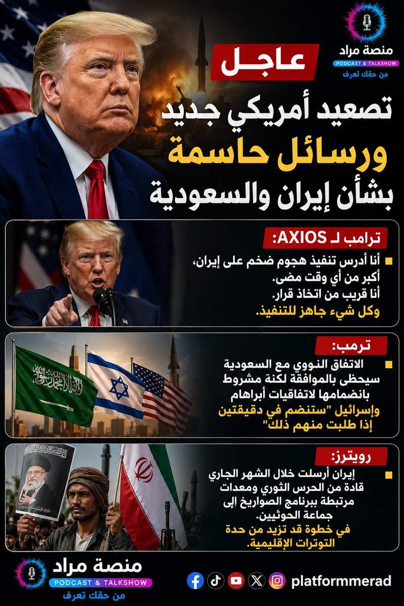 manasetmurad's tweet photo. #عاجل | تصعيد أمريكي جديد ورسائل حاسمة بشأن #إيران و #السعودية

قال الرئيس الأمريكي دونالد #ترامب، في تصريحات لموقع Axios، إنه يدرس تنفيذ هجوم ضخم على إيران سيكون "أكبر من أي وقت مضى"، مؤكدًا أنه بات قريبًا من اتخاذ القرار، وأن جميع الخيارات والخطط أصبحت جاهزة للتنفيذ، مضيفًا أن #إسرائيل ستنضم "في دقيقتين" إذا طُلب منها ذلك.

وفي ملف آخر، أكد ترامب أن الاتفاق النووي السلمي مع المملكة العربية السعودية سيحظى بالموافقة، لكنه مشروط بانضمام الرياض إلى اتفاقيات أبراهام. 

وفي تطور ميداني، أفادت وكالة رويترز بأن إيران أرسلت خلال الشهر الجاري قادة من الحرس الثوري ومعدات مرتبطة ببرنامج الصواريخ إلى جماعة الحوثيين، في خطوة قد تزيد من حدة التوترات الإقليمية.
#منصة_مراد 🎙️🔵🟣
#من_حقك_تعرف