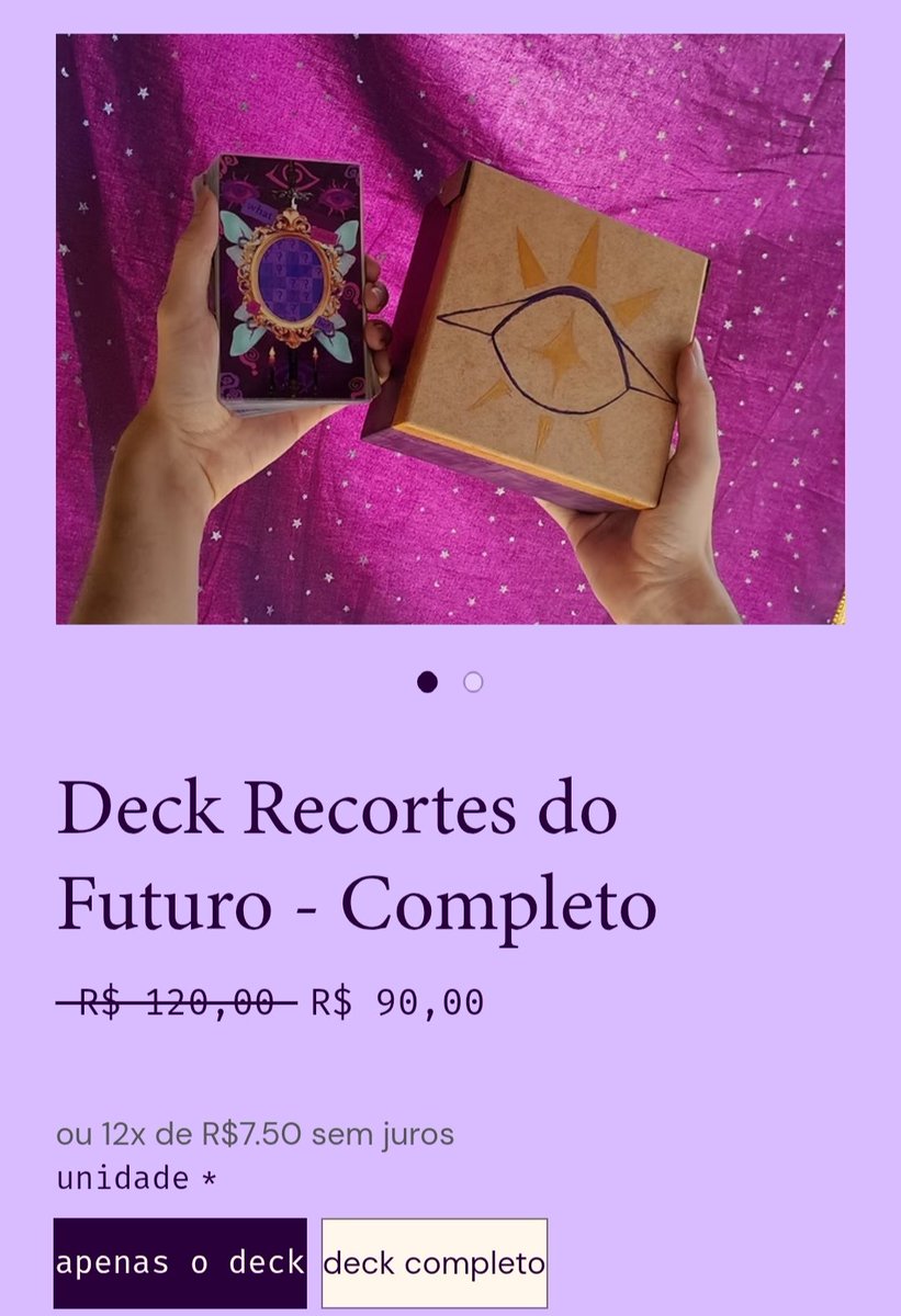 gilded_witch's tweet photo. ✨ PROMOÇÃO ✨

apenas 𝐡𝐨𝐣𝐞 o Deck Recortes do Futuro - Unidade estará com 25% de desconto em nosso site 🔮

cupom de desconto 10%: MIMI10

https://t.co/zso12bzK2l https://t.co/LaXYz8YRbU