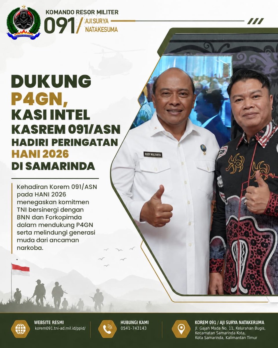 korem091asn's tweet photo. Kasi Intel Kasrem 091/ASN Kolonel Inf Decky Zulhas menghadiri peringatan HANI 2026 di Samarinda. Korem 091/ASN menegaskan komitmen mendukung P4GN dan memperkuat sinergi bersama BNN dalam melindungi generasi muda dari ancaman narkoba.

#Korem091ASN #HANI2026 #P4GN https://t.co/EGfAjyx3NA